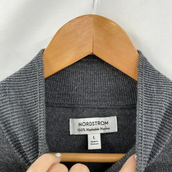Nordstrom Men's L 100% washable merino gray quarter zip sweater